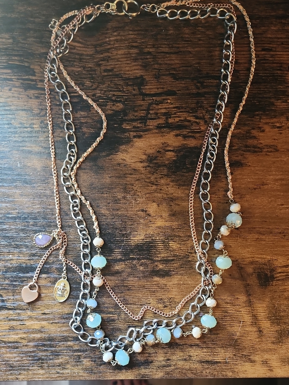 Vintage Juicy Couture Multi-Chain Gold & Silver Necklace with Pale Blue Beads